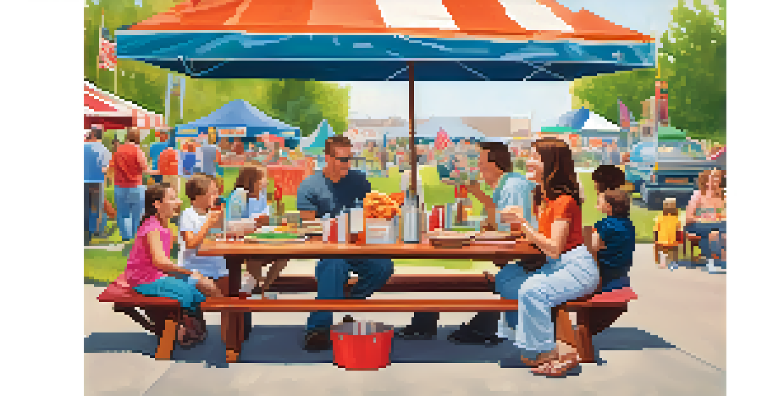 A family sharing local food at an arts and crafts festival, surrounded by colorful art displays and a festive atmosphere.