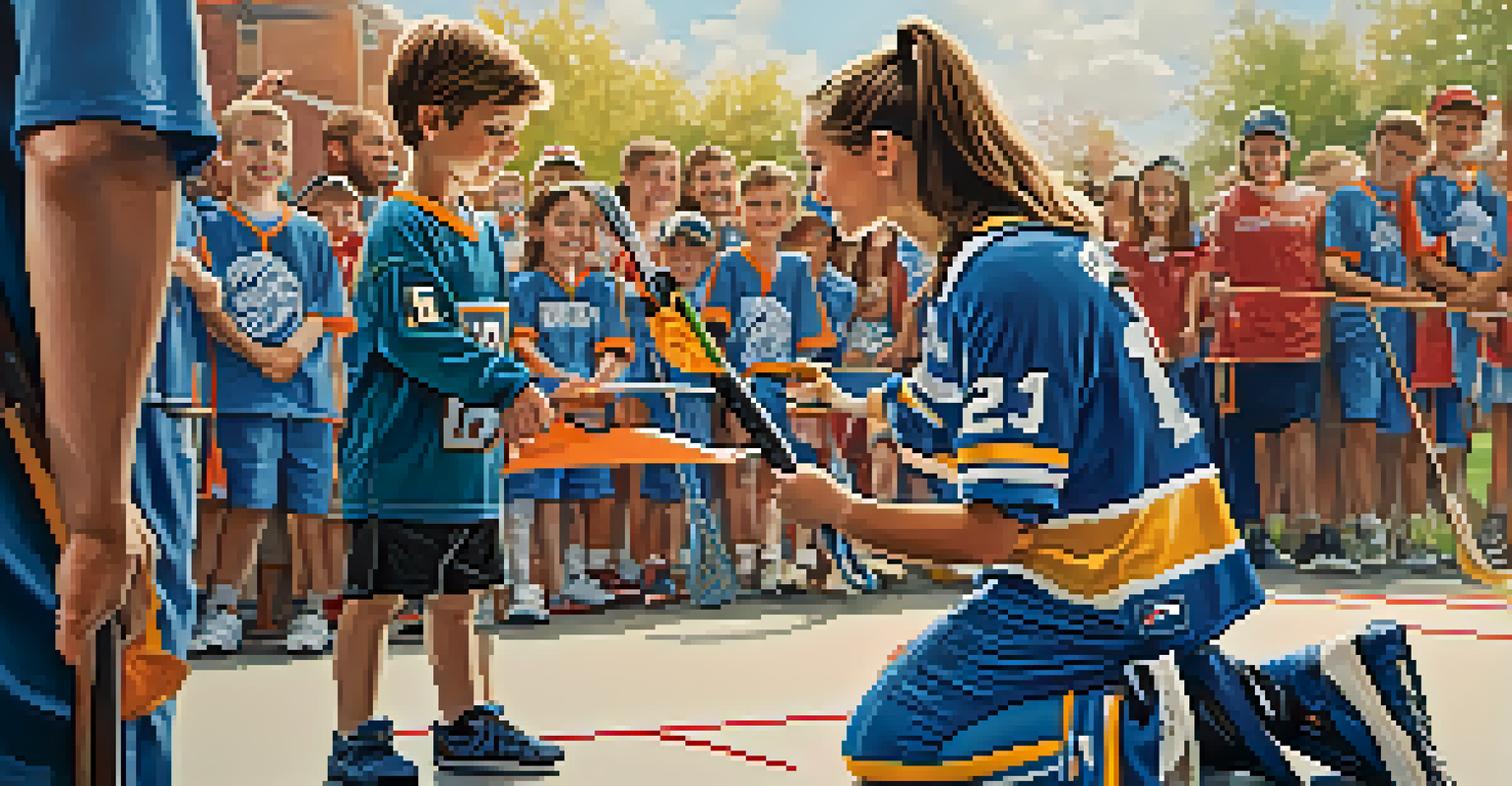 A lacrosse player signing an autograph for a young fan at a meet-and-greet event.