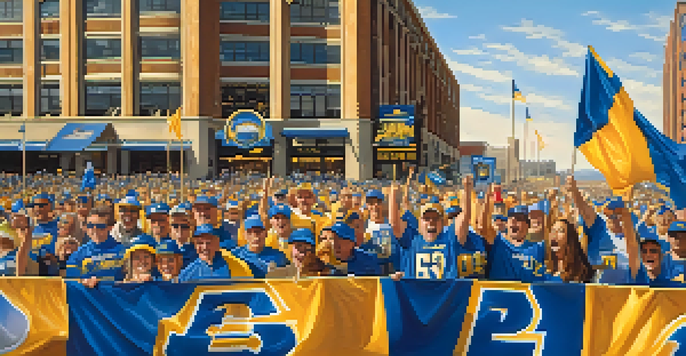 A lively gathering of Buffalo sports fans wearing team colors outside Highmark Stadium, showcasing their enthusiasm and unity.