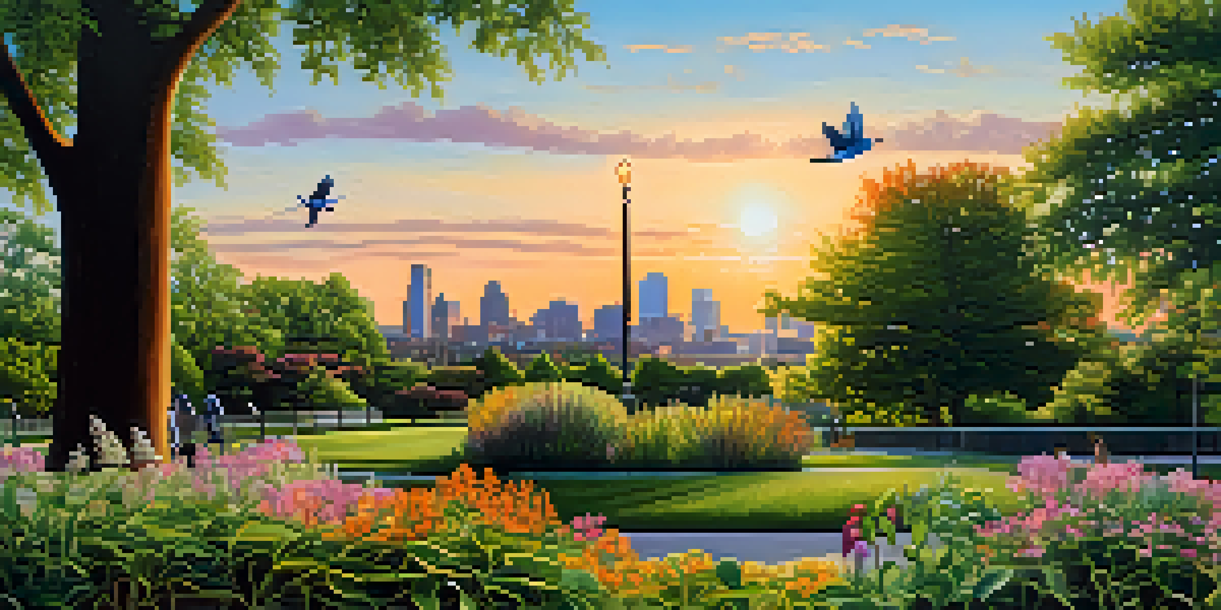 A peaceful urban park filled with blooming native plants, birds on branches, and squirrels, with the Buffalo skyline in the background during sunset.