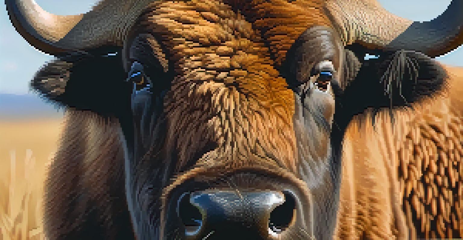 A close-up of a buffalo's face with detailed fur and expressive eyes, set against a softly blurred background.