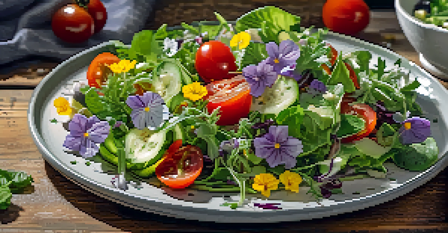 A close-up of a vibrant salad with mixed greens, cherry tomatoes, and edible flowers, beautifully arranged on a wooden table.