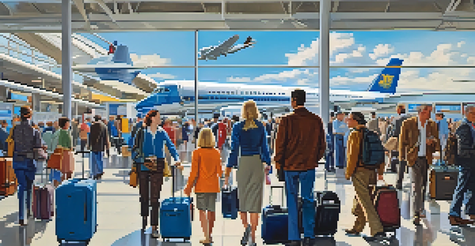 A busy airport terminal with travelers and airplanes, capturing the vibrancy of Buffalo Niagara International Airport.
