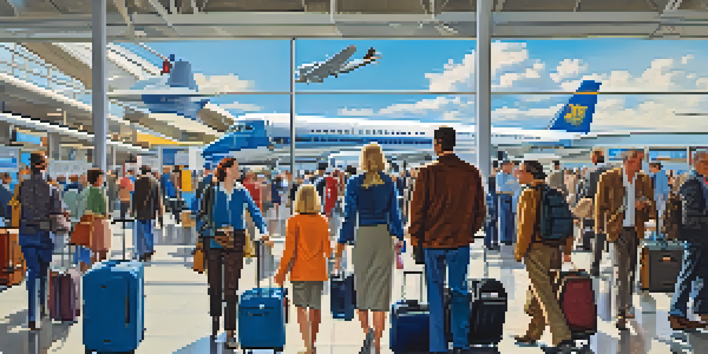 A busy airport terminal with travelers and airplanes, capturing the vibrancy of Buffalo Niagara International Airport.