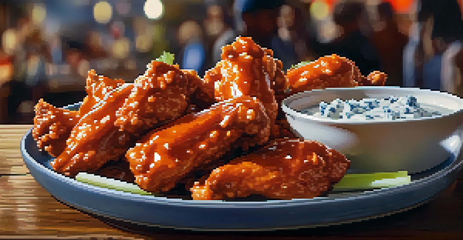 A plate of Buffalo wings with spicy sauce and garnishes on a rustic wooden table.