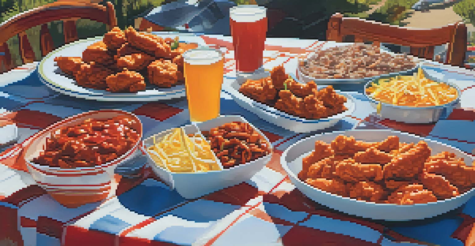 Close-up of a table filled with Buffalo wings, chili, and drinks, showcasing the delicious food at a tailgate party.