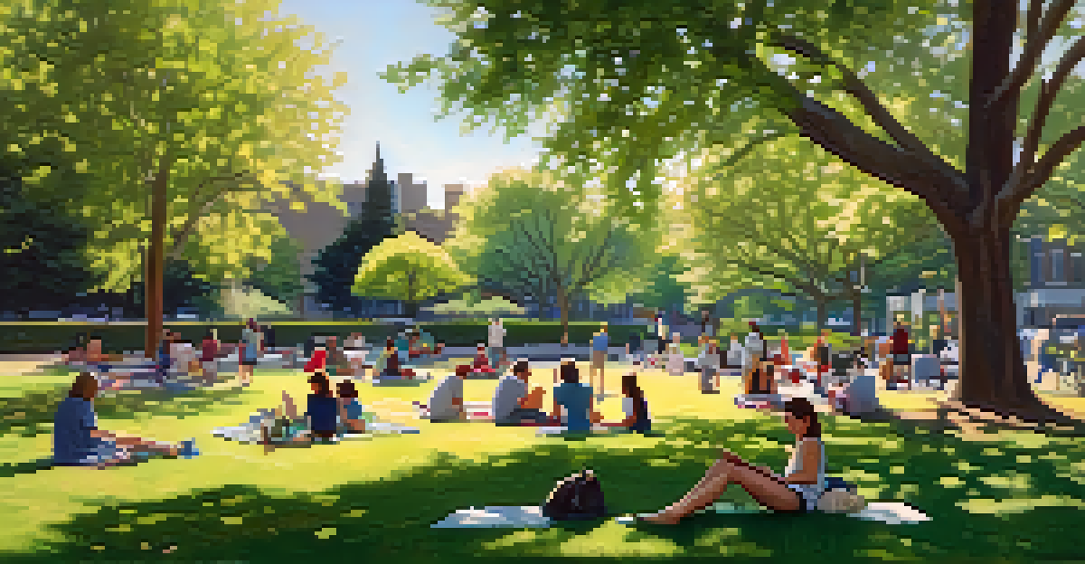 A tranquil park in University Heights with students picnicking and playing frisbee on a sunny day.