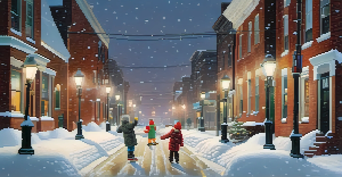 A snowy street in Buffalo with children building a snowman and charming brick houses.