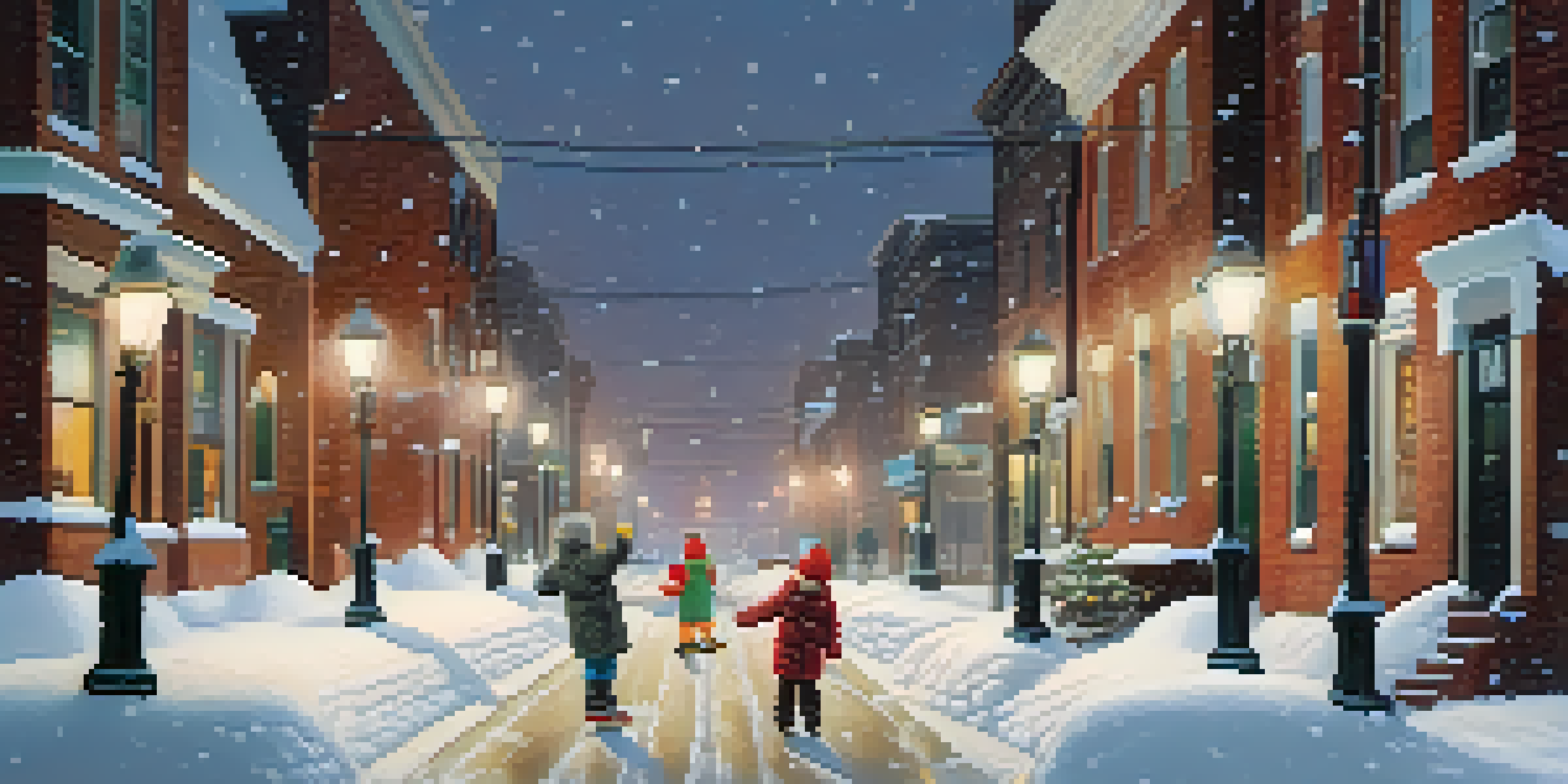 A snowy street in Buffalo with children building a snowman and charming brick houses.