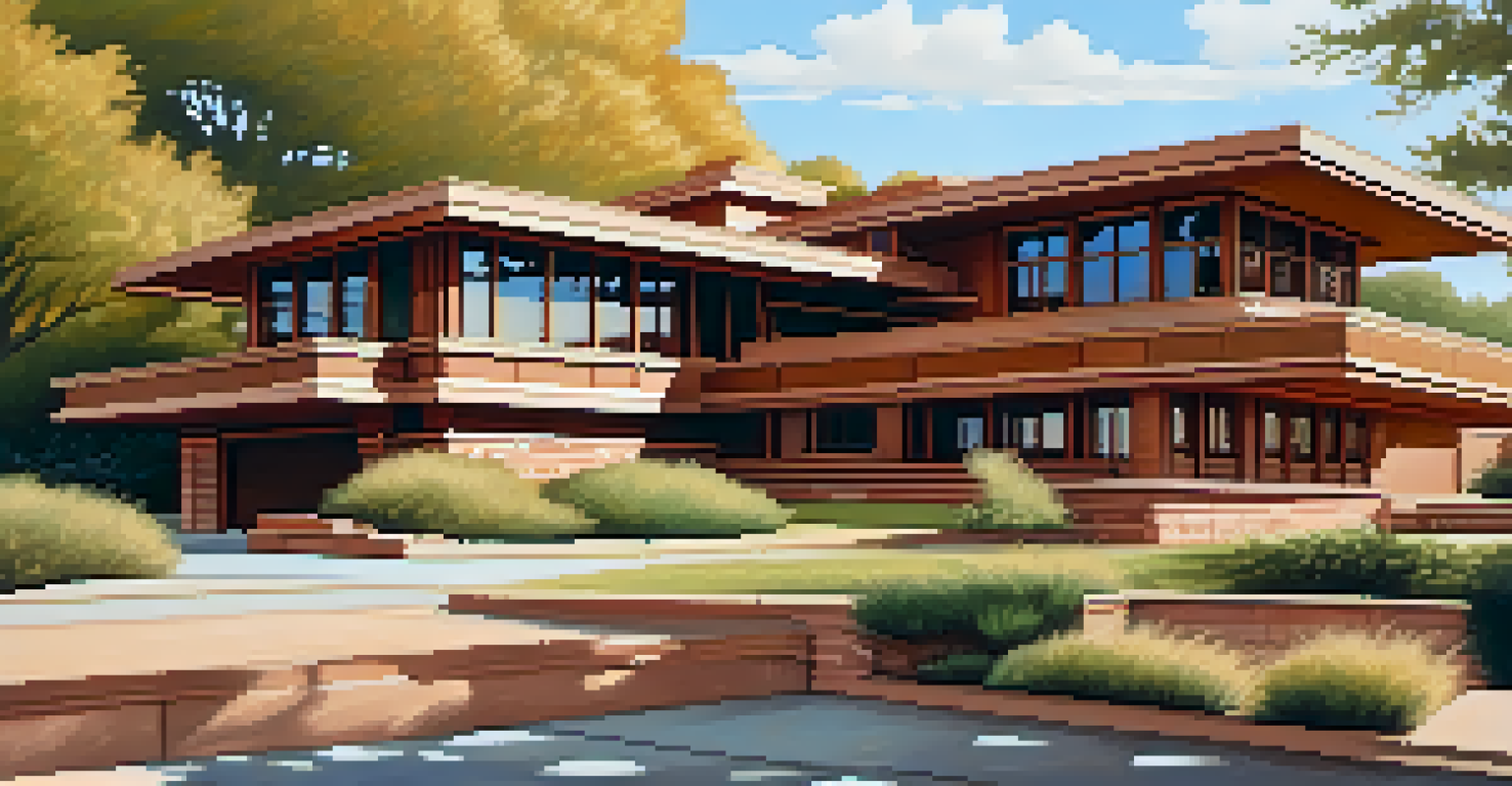 An architectural view of the Darwin D. Martin House by Frank Lloyd Wright, set against a clear blue sky and surrounded by lush greenery.