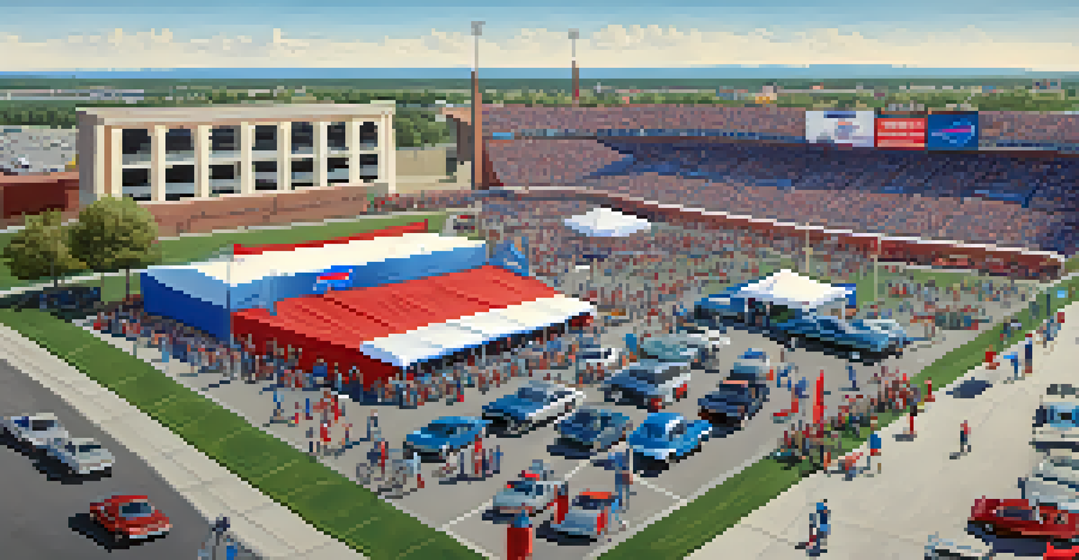 Aerial view of a lively tailgating party outside a Buffalo Bills game, with fans enjoying food, games, and camaraderie in the parking lot.
