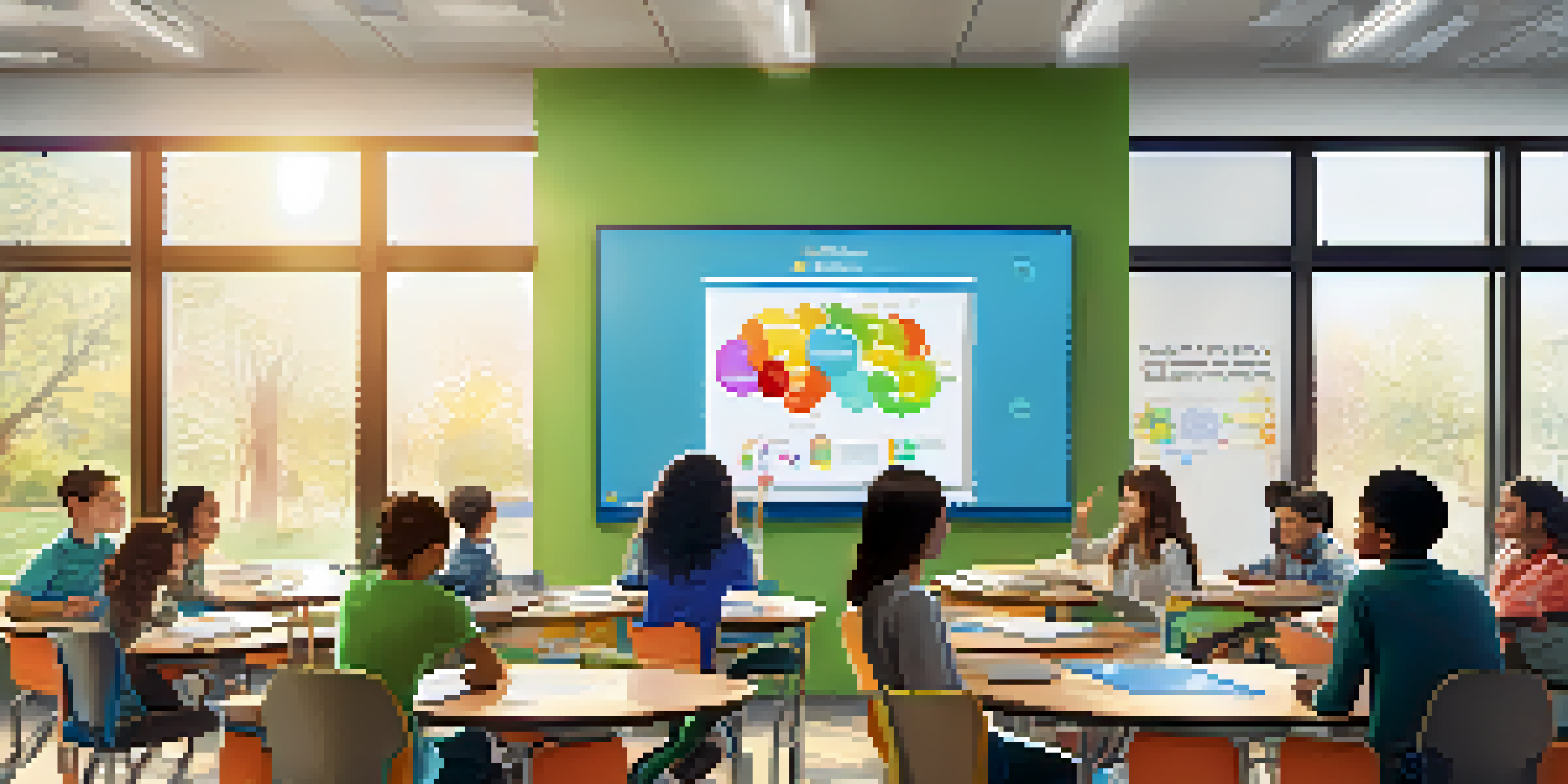 A vibrant classroom scene with students using tablets and digital whiteboards, collaborating in groups, and colorful educational materials in a sunny environment.