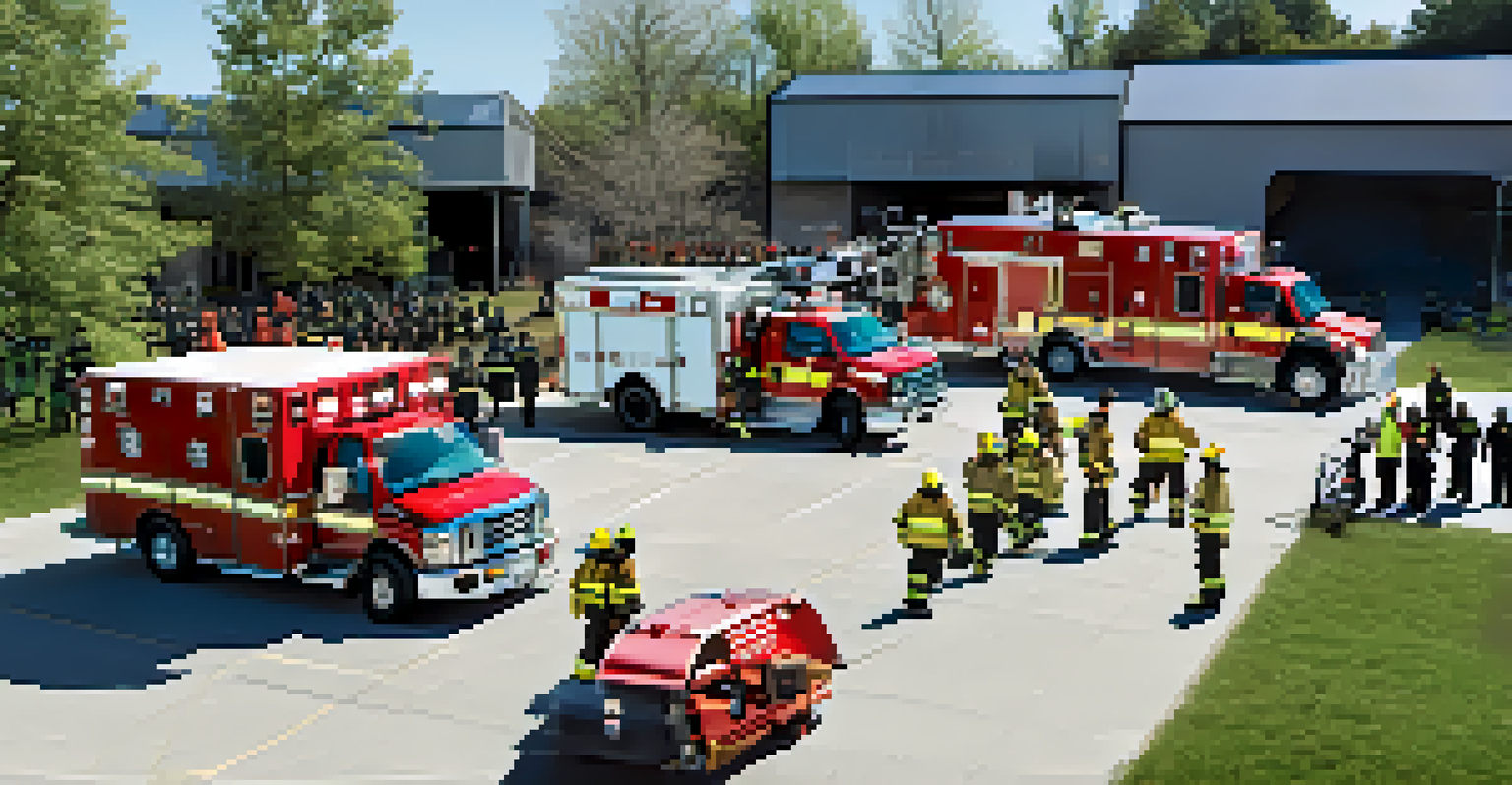 Emergency responders conducting a training drill in Buffalo, showcasing firefighters and paramedics at work.