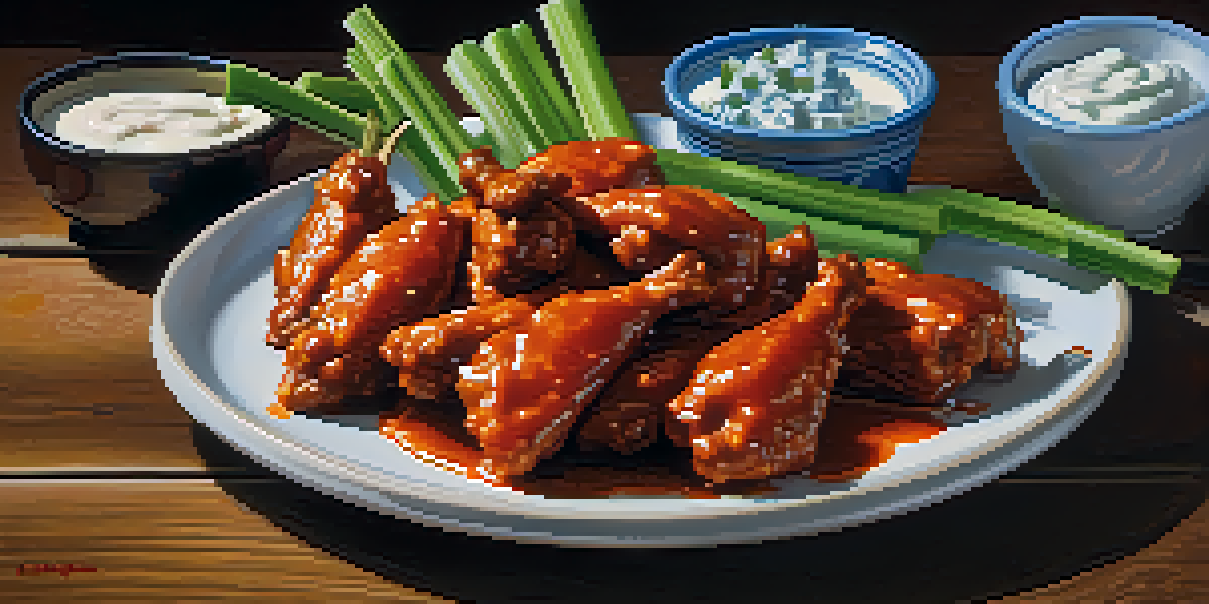 A plate of Buffalo wings with celery sticks and blue cheese dressing on a wooden table, illuminated by warm light.