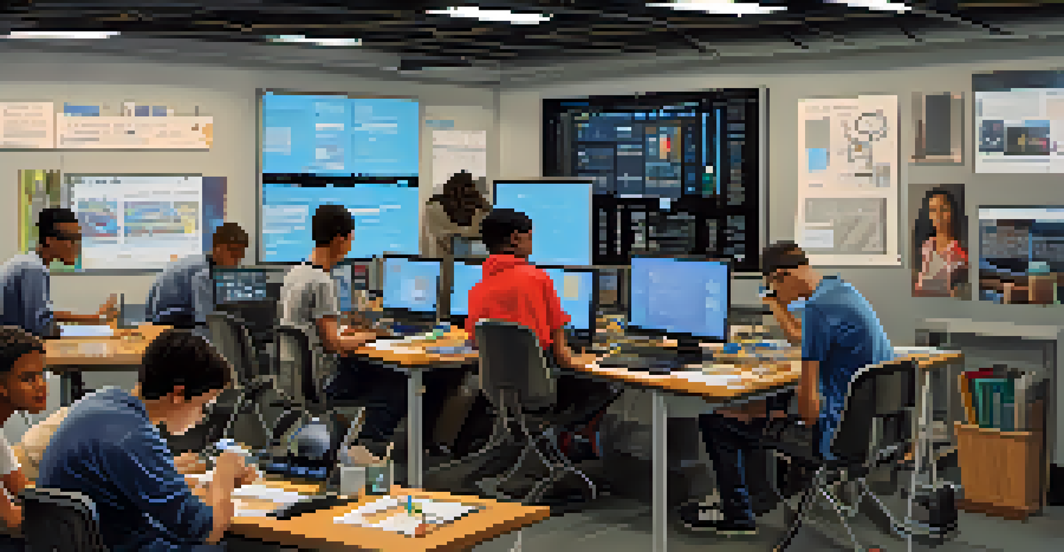 A tech workshop in Buffalo with students engaged in coding activities surrounded by computers and educational materials.