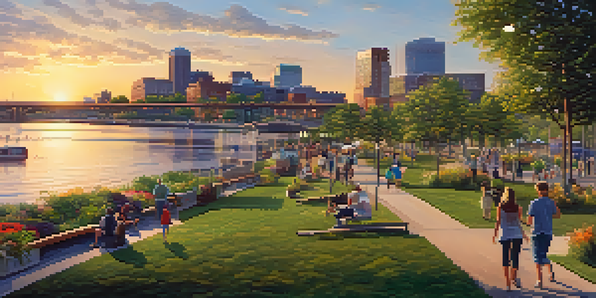 A lively waterfront in Buffalo with families, green spaces, and a sunset reflecting on the water.
