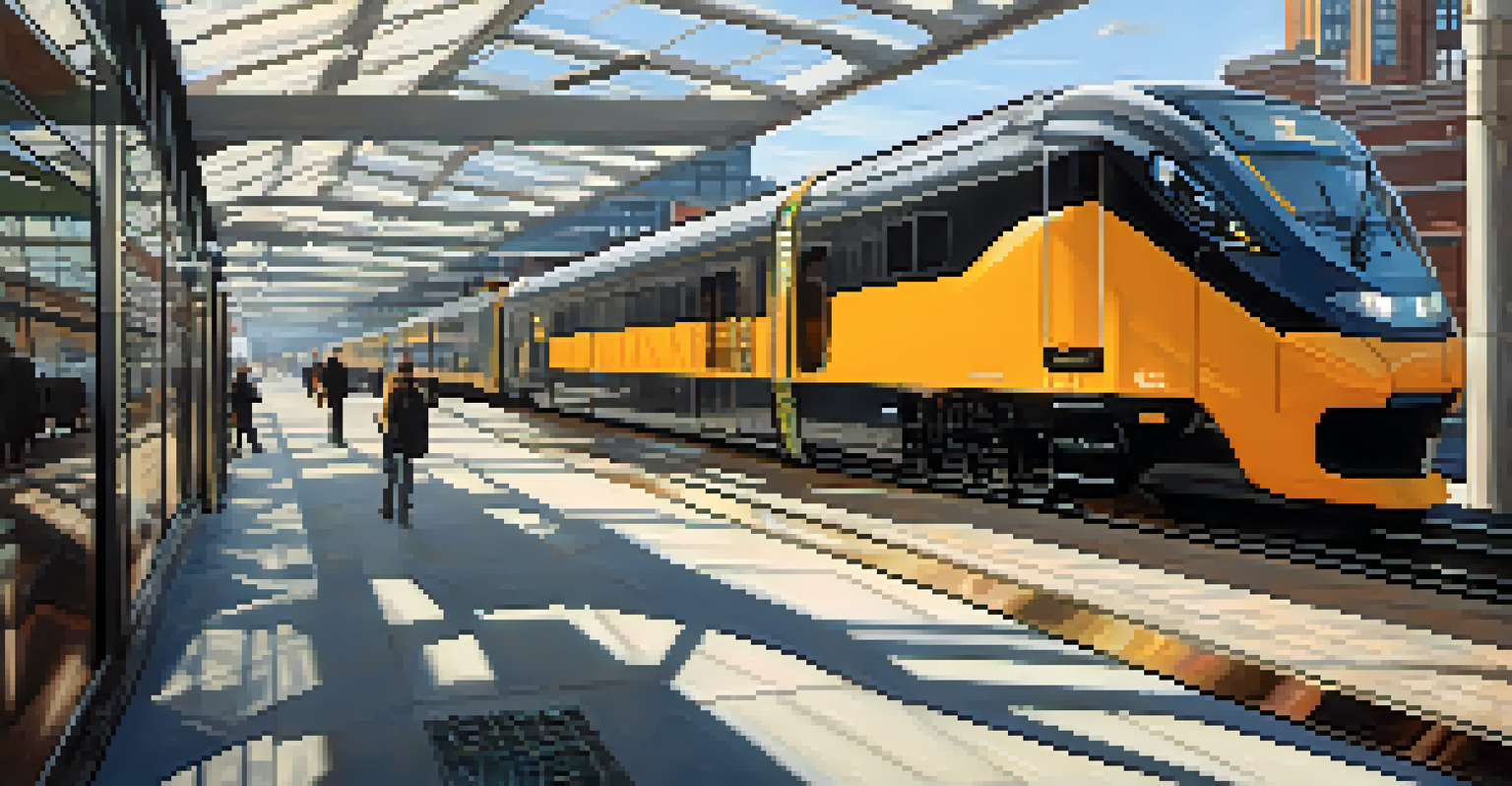 A modern train arriving at a contemporary Buffalo station, showcasing eco-friendly design and diverse travelers interacting in a bright, natural-lit environment.