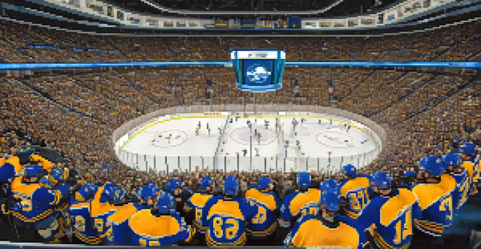A dramatic scene of Buffalo Sabres players competing for the puck on the ice, with enthusiastic fans cheering in the brightly lit KeyBank Center.