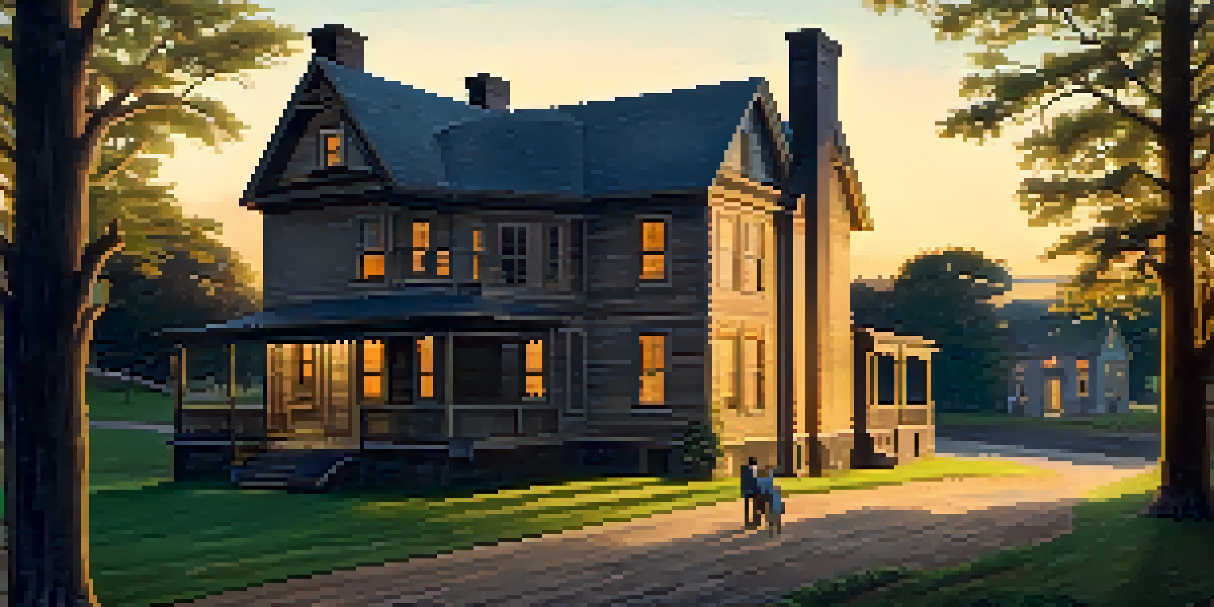 A warm and inviting historical safe house in Buffalo with silhouettes of people inside, surrounded by greenery.