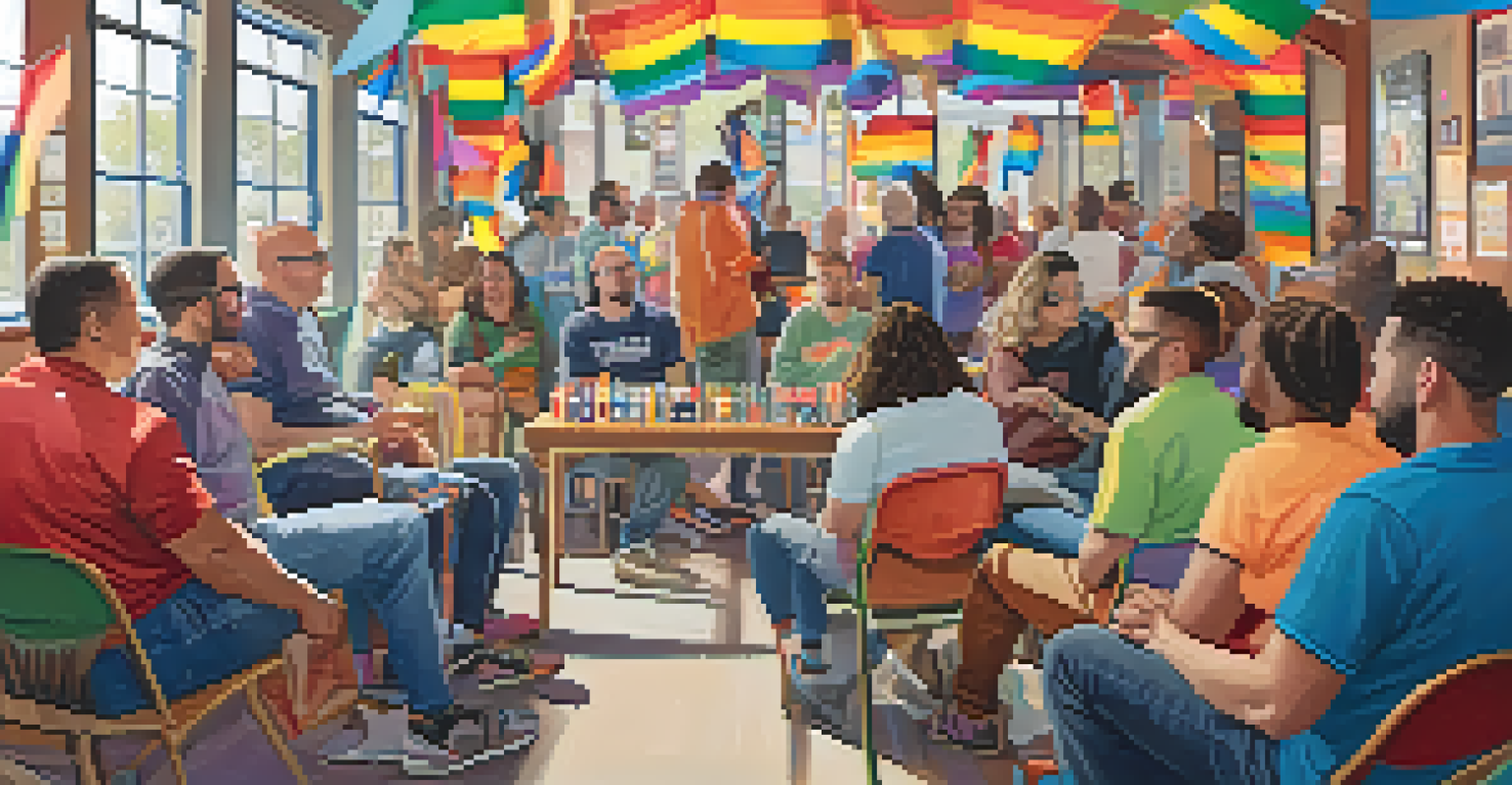 A welcoming community gathering at an LGBTQ+ center in Buffalo, showcasing individuals engaging in discussions and activities, surrounded by pride flags and artwork.