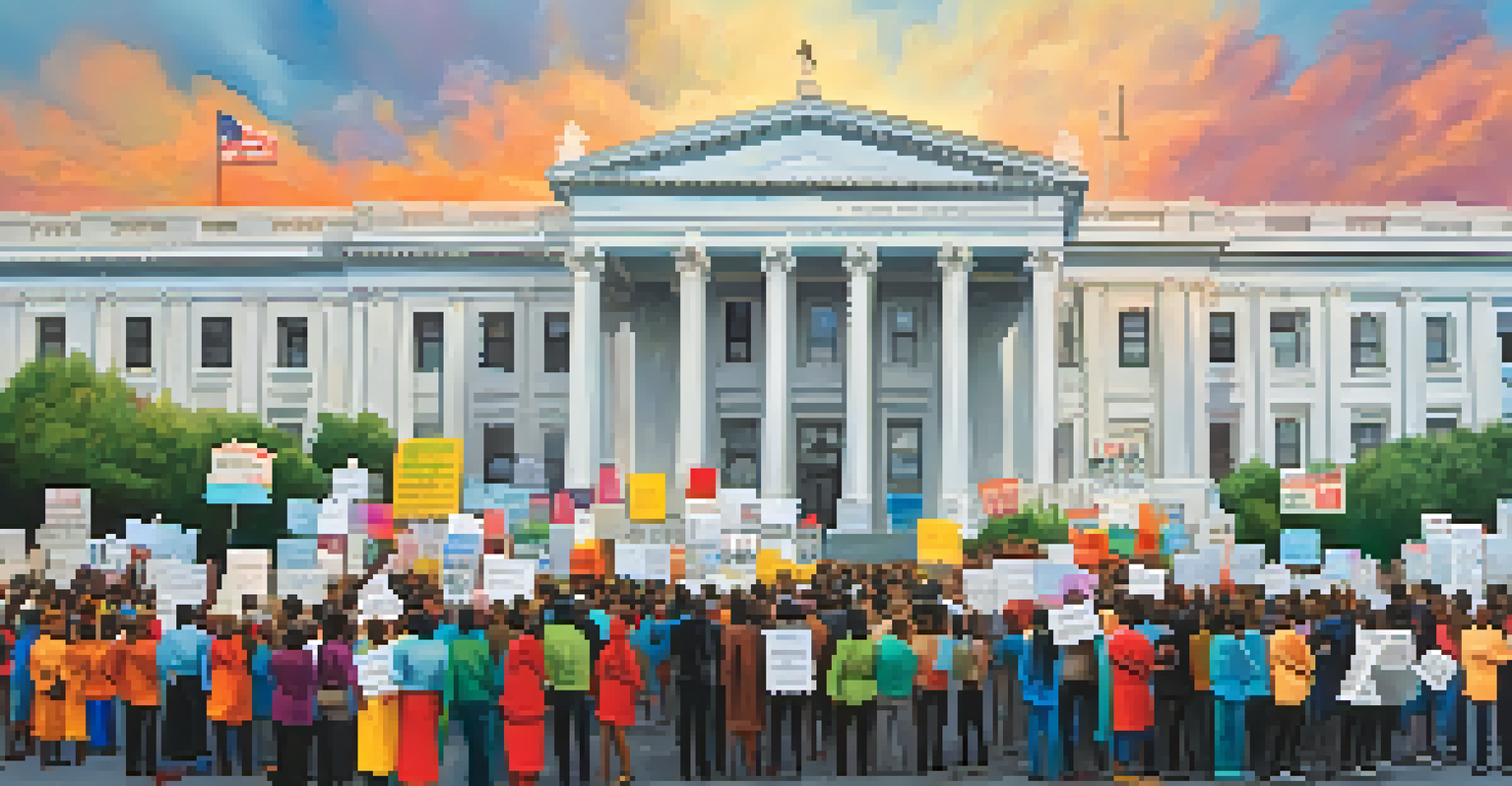 A diverse group of protesters outside a government building holding signs for racial justice and equality under an overcast sky.