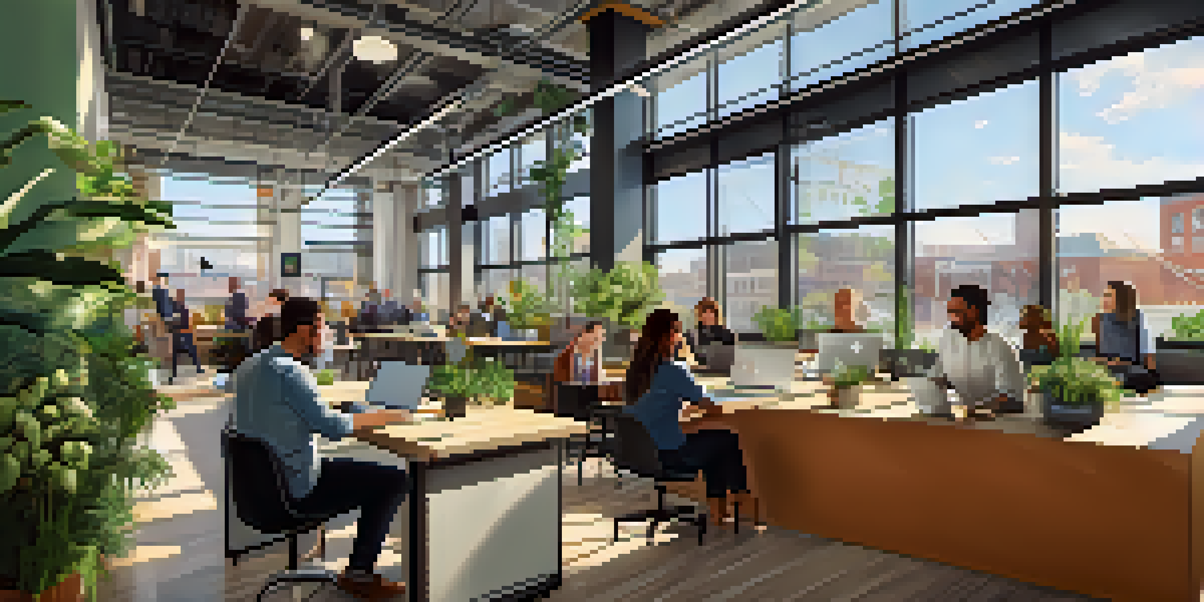 A bright co-working space in Buffalo with entrepreneurs working together, large windows, local artwork, and plants.