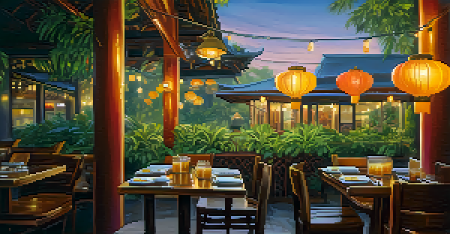 Outdoor dining area of a Thai restaurant with green curry, pad thai, and Thai iced tea on the table.