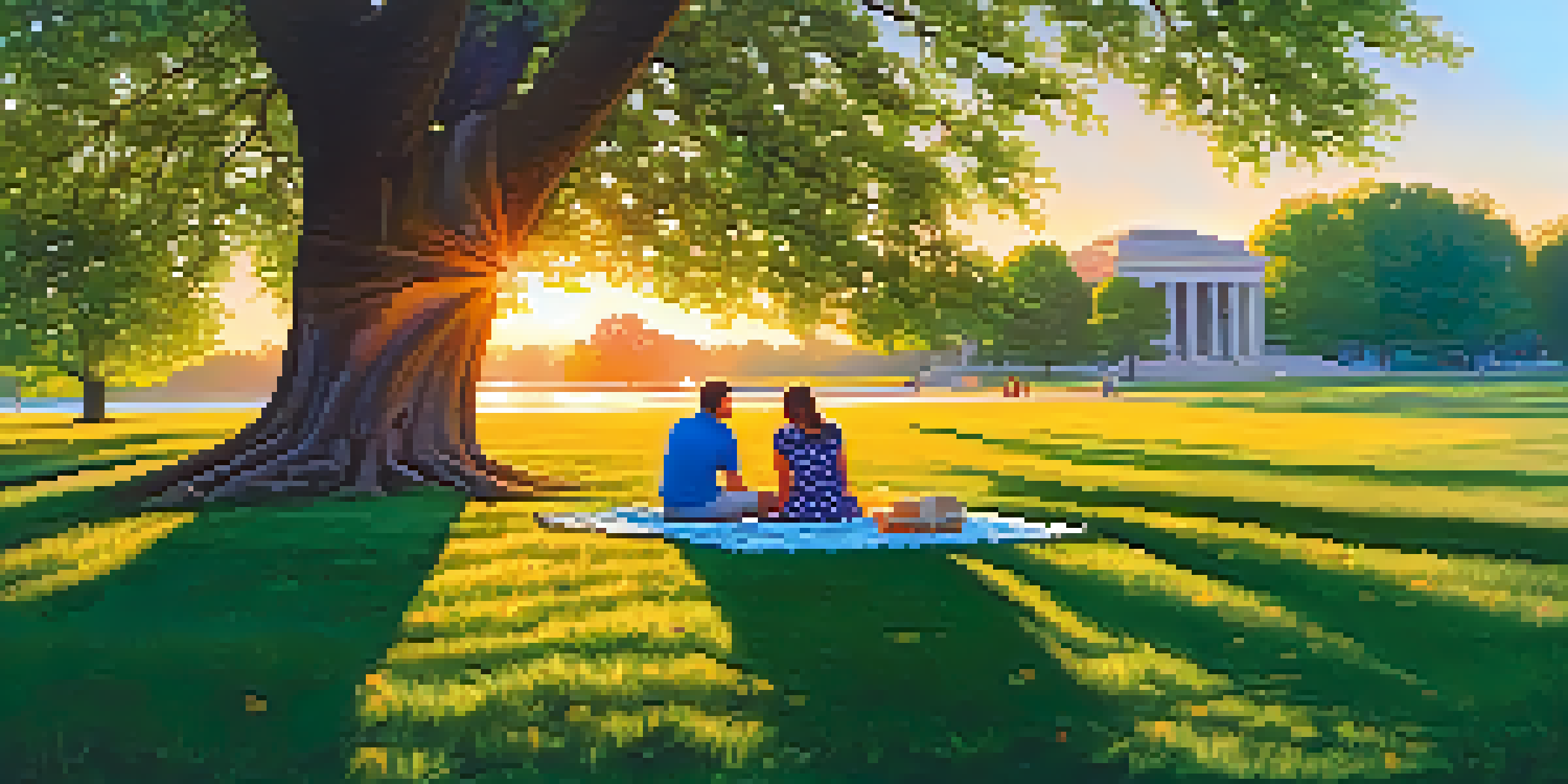 A family having a picnic in Delaware Park in Buffalo during sunset, with green grass and blooming flowers around.