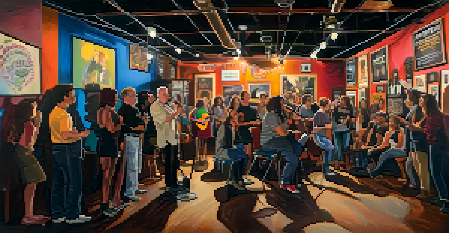 An open mic night at a local theater in Buffalo with diverse artists performing and an engaged audience.