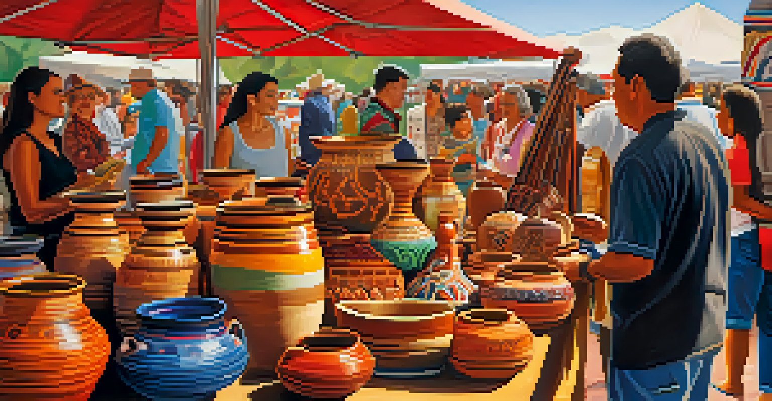 A booth displaying traditional Hispanic crafts including pottery and textiles, with people admiring the artworks.