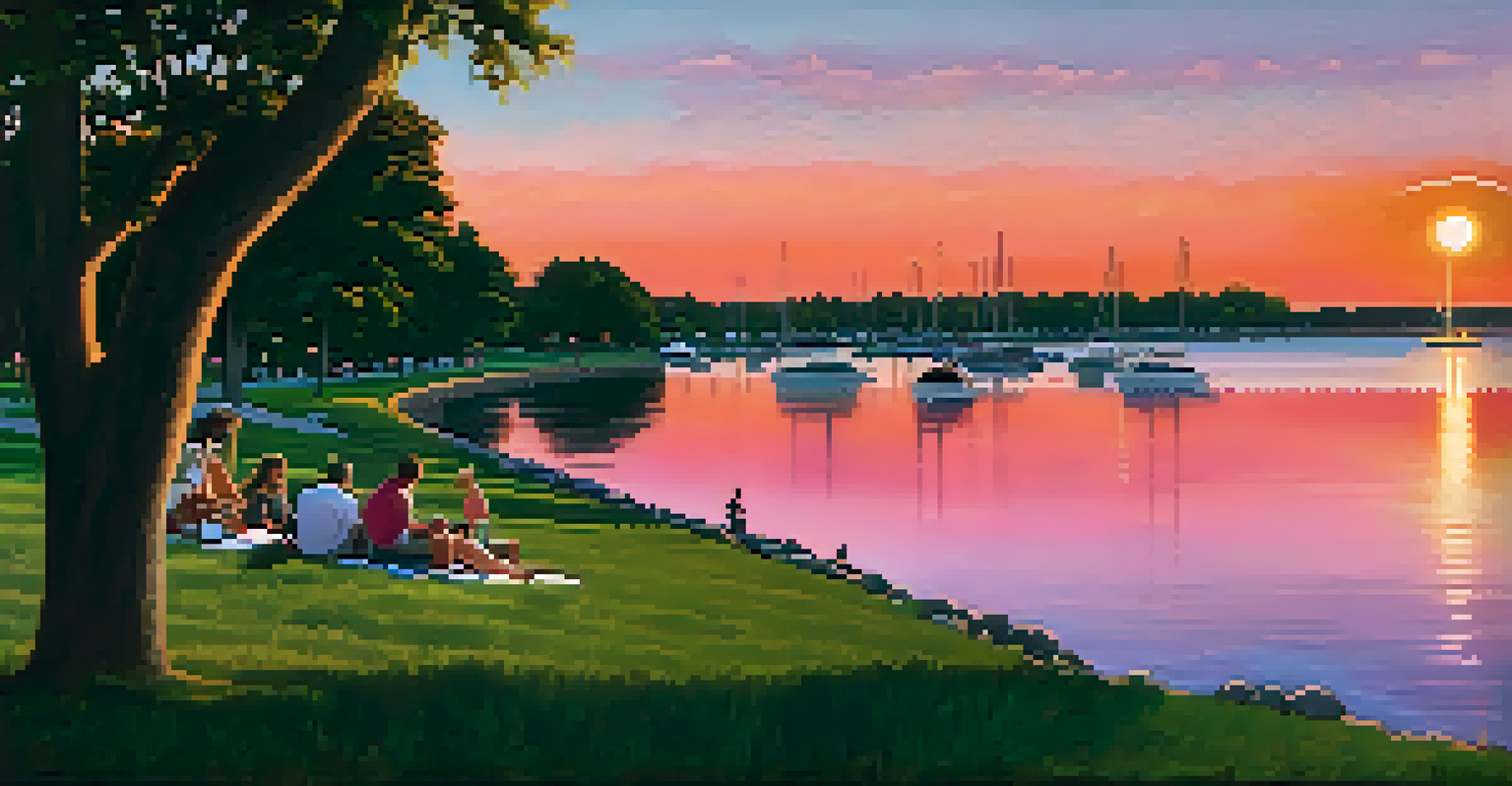A picturesque sunset over Lake Erie at Buffalo's Outer Harbor with people picnicking on the grass.