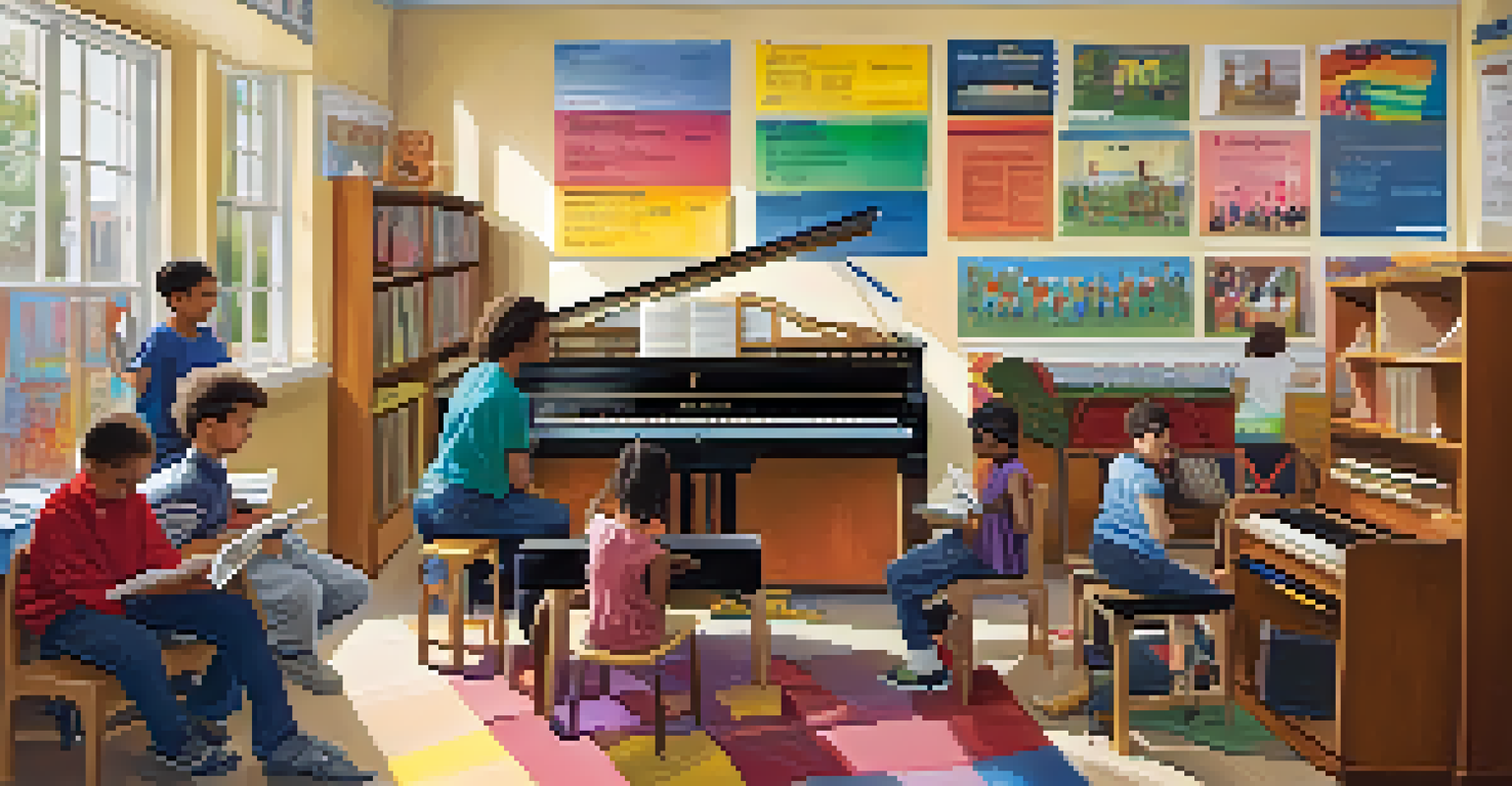 A classroom with young students learning music around a piano, with instruments and educational materials visible in the vibrant setting.