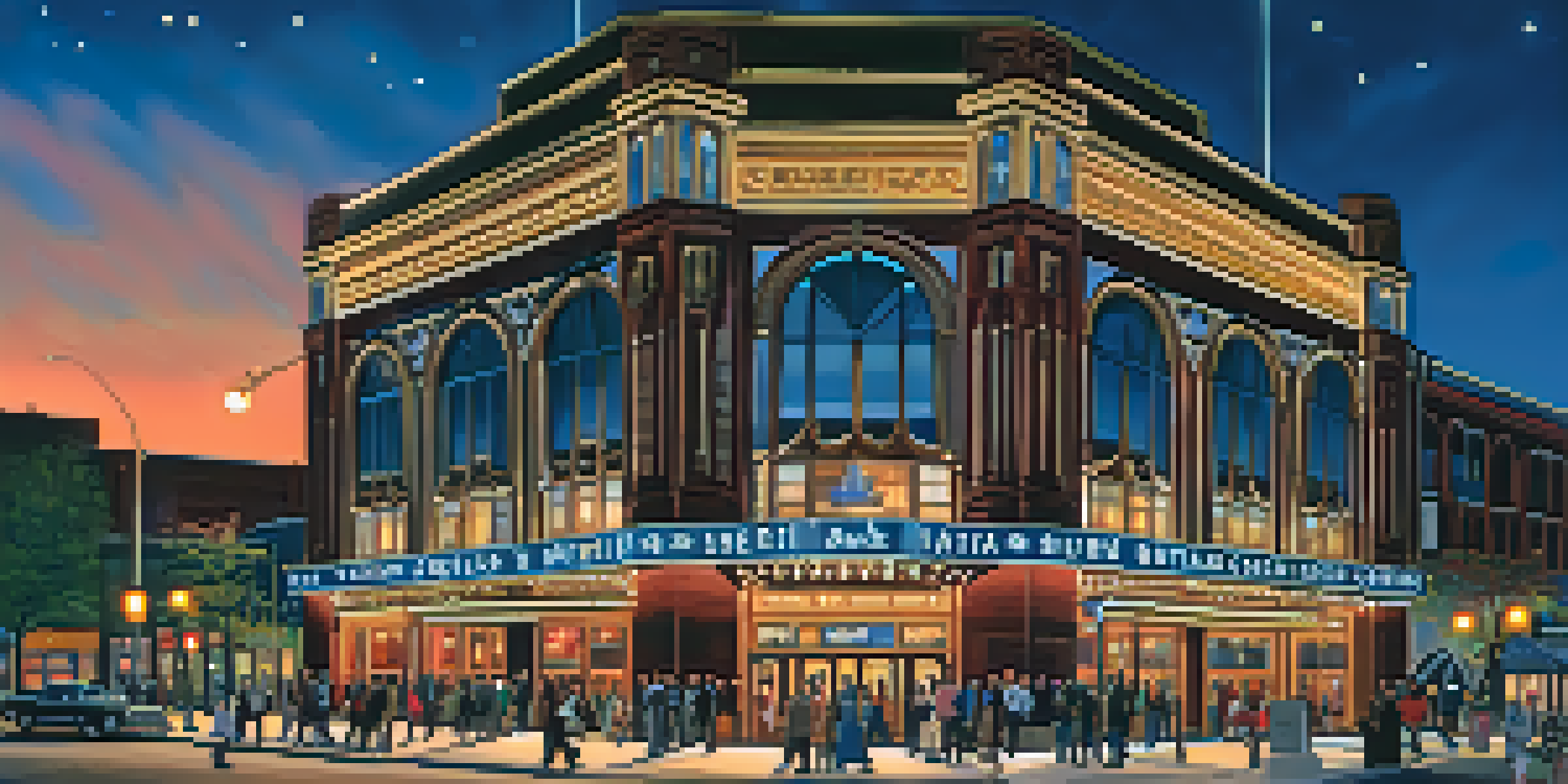 A colorful night scene of Shea's Performing Arts Center in Buffalo, with bright marquee lights and a diverse crowd outside.