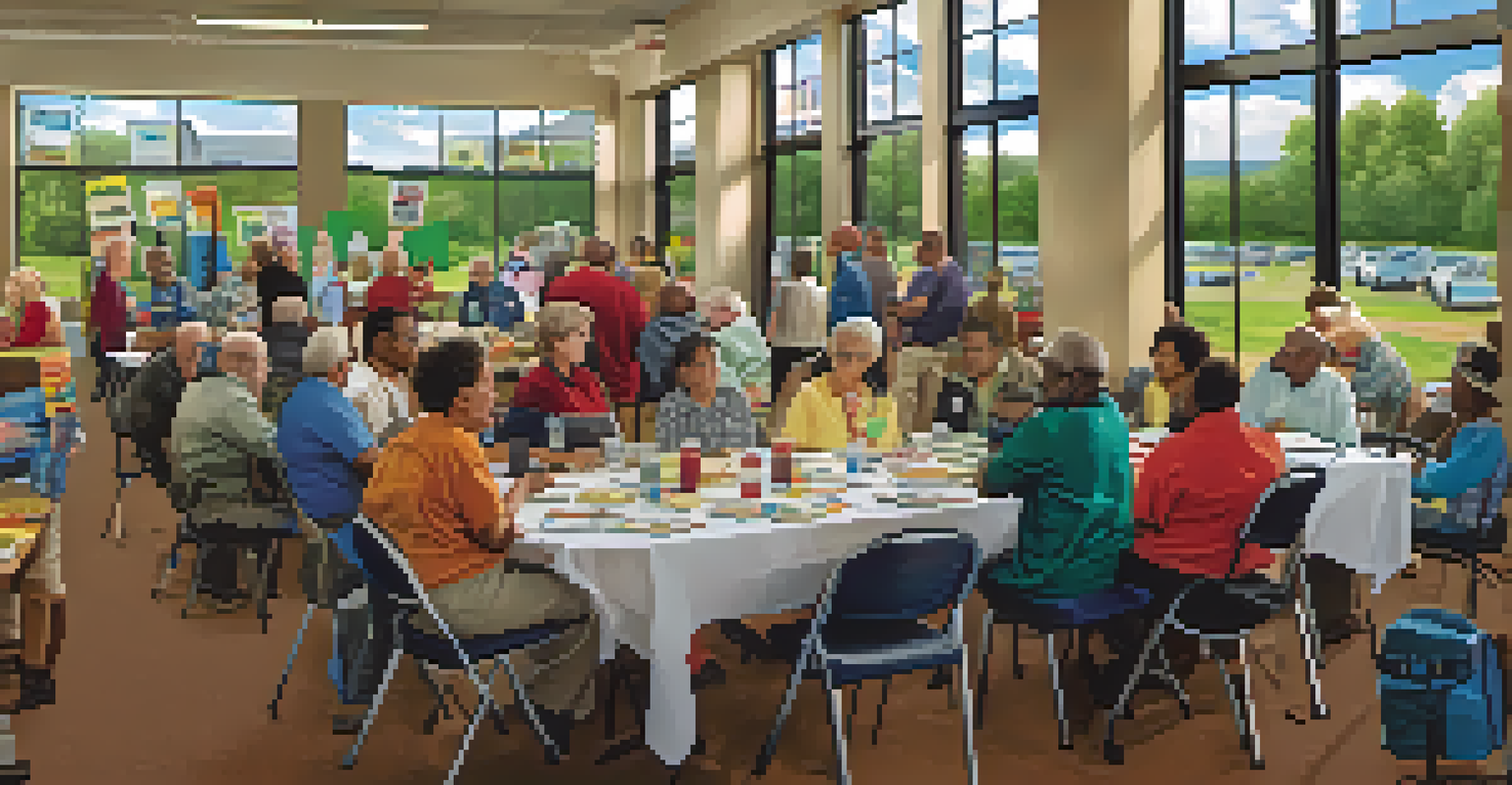 Residents of Buffalo participating in a community meeting about emergency preparedness, with tables of materials and engaging discussions.