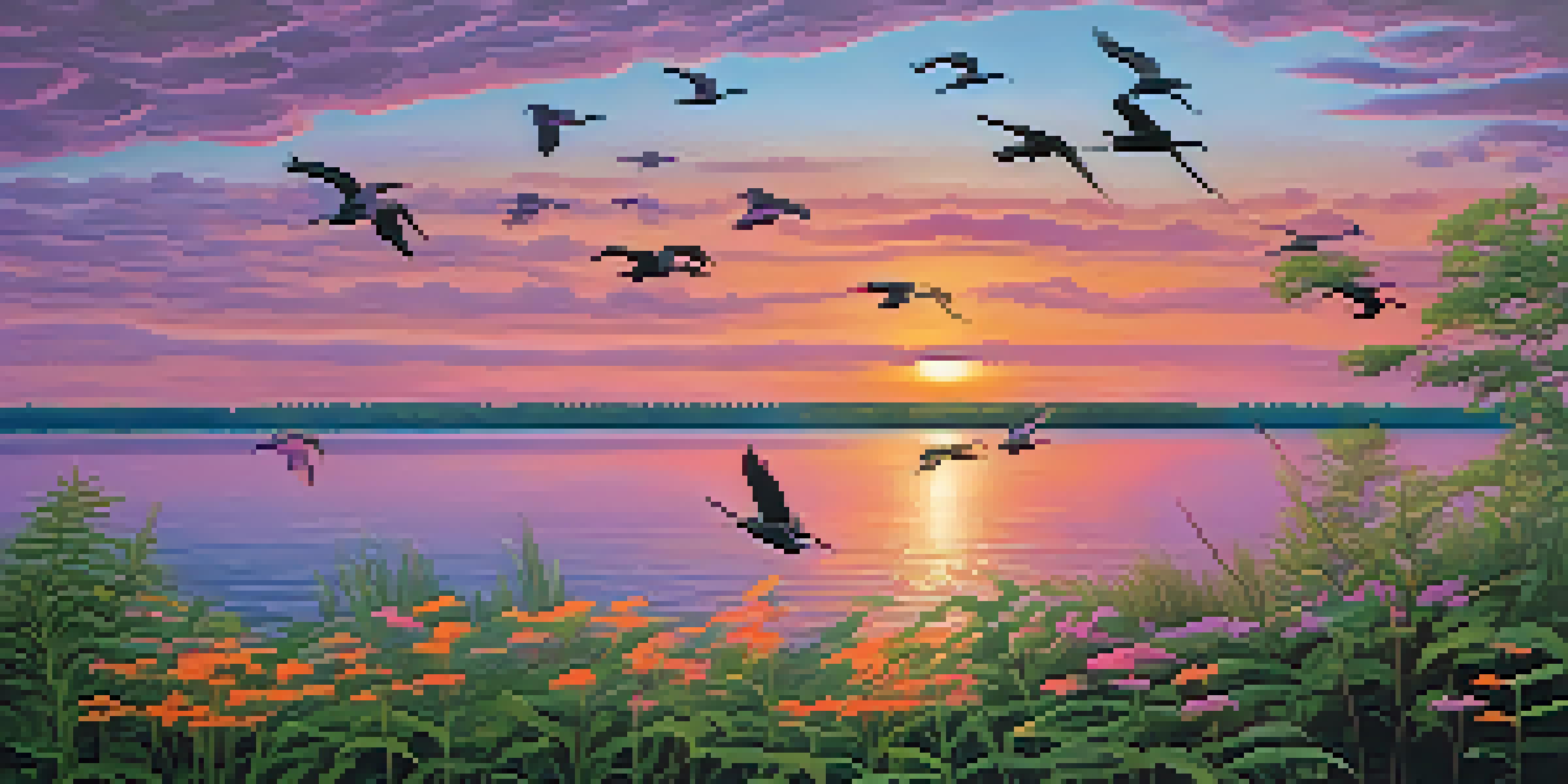 A tranquil sunrise over the Great Lakes, with colorful reflections in the water and shorebirds flying near the shoreline.