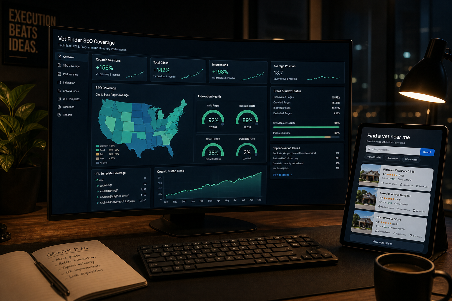 Vet Finder programmatic SEO coverage map and organic growth analytics on a monitor beside a directory tablet