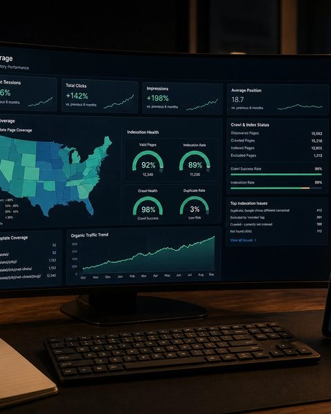 Vet Finder programmatic SEO coverage map and organic growth analytics on a monitor beside a directory tablet
