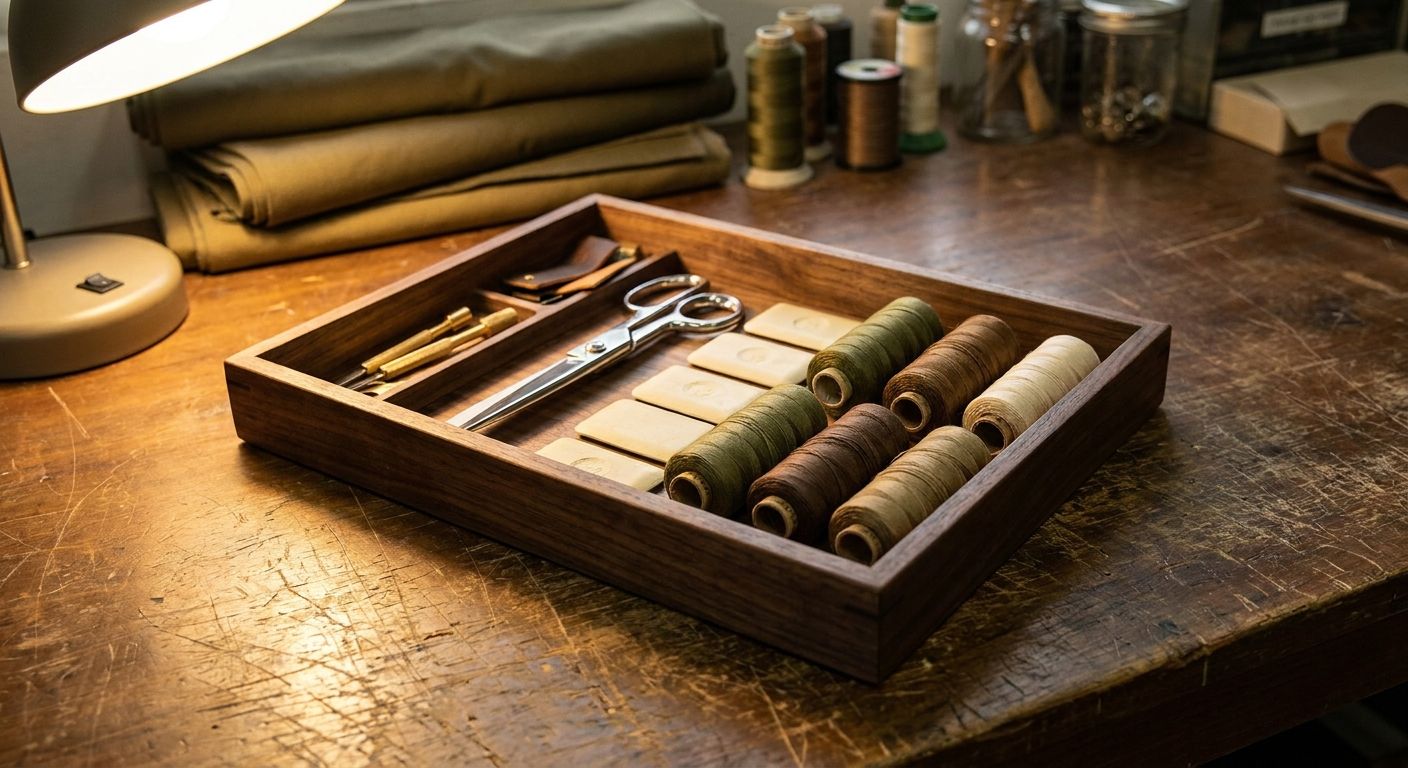 Automated valet tray with orderly tailor tools on dark wood