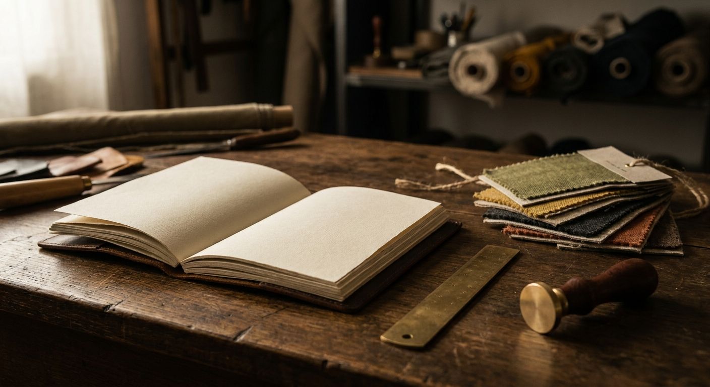 Leather ledger notebook with fabric swatches and a wax seal on a wooden workbench