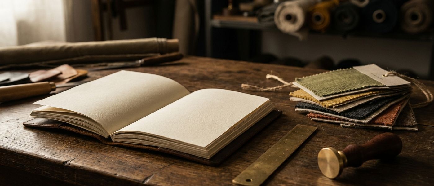 Leather ledger notebook with fabric swatches and a wax seal on a wooden workbench
