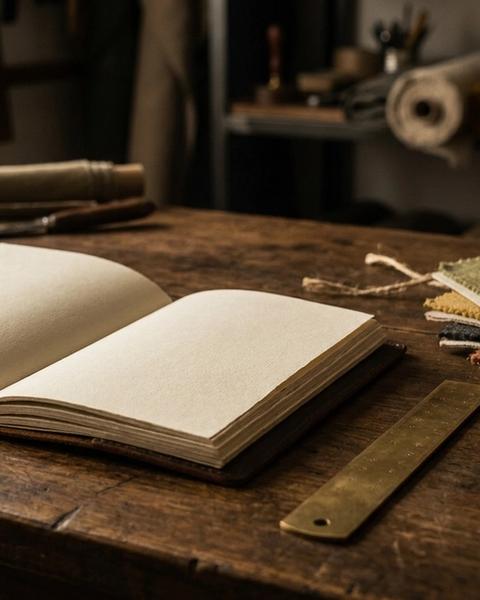 Leather ledger notebook with fabric swatches and a wax seal on a wooden workbench
