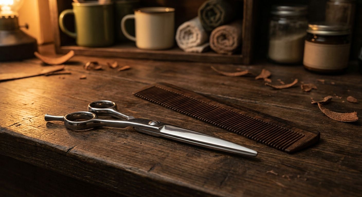 Precision barber scissors and metric comb on dark wood