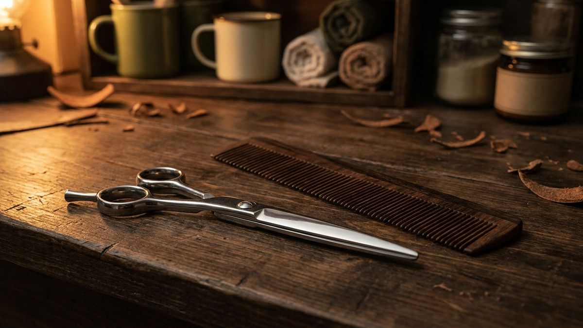 Precision barber scissors and metric comb on dark wood
