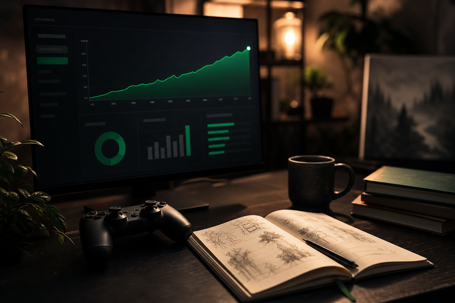 Indie game launch metrics on a monitor with controller and creative notebook
