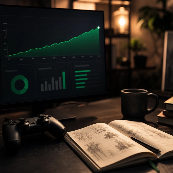 Indie game launch metrics on a monitor with controller and creative notebook