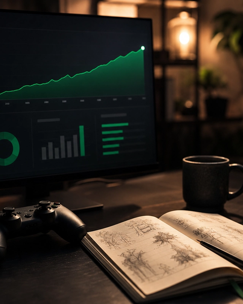 Indie game launch metrics on a monitor with controller and creative notebook
