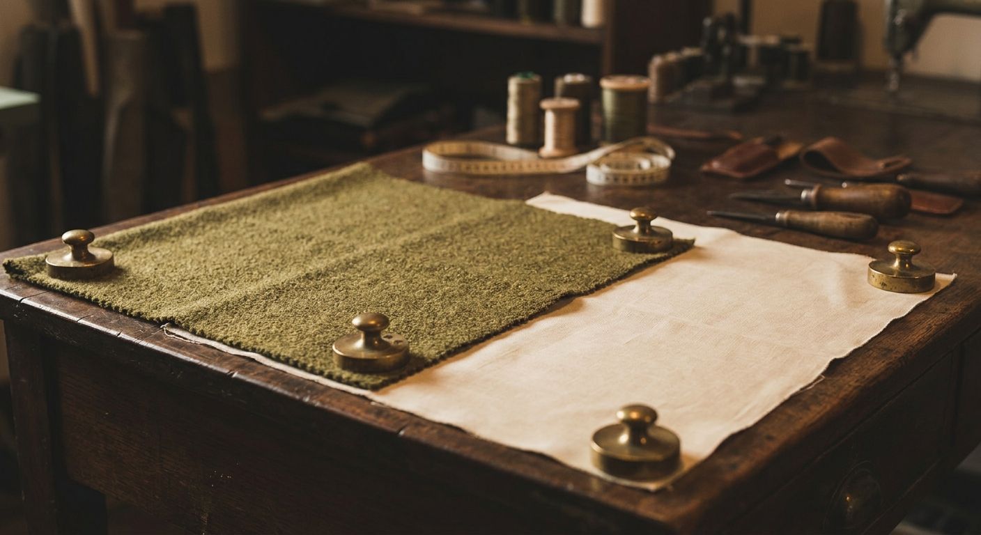 Two fabric swatches and brass weights on a fitting room workbench