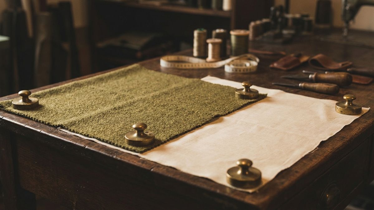 Two fabric swatches and brass weights on a fitting room workbench