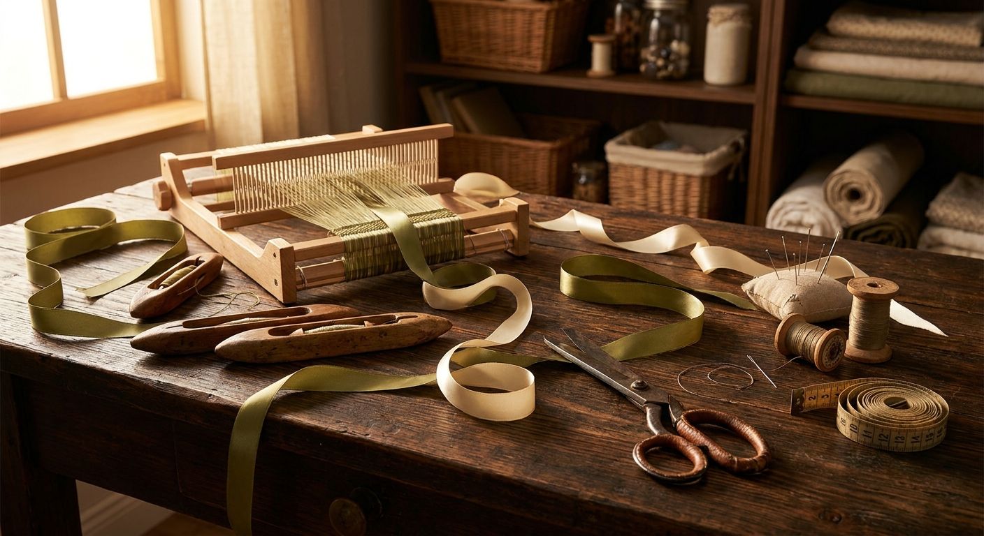 No-code loom of ribbons connecting tools on a workbench
