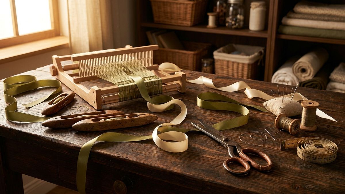 No-code loom of ribbons connecting tools on a workbench